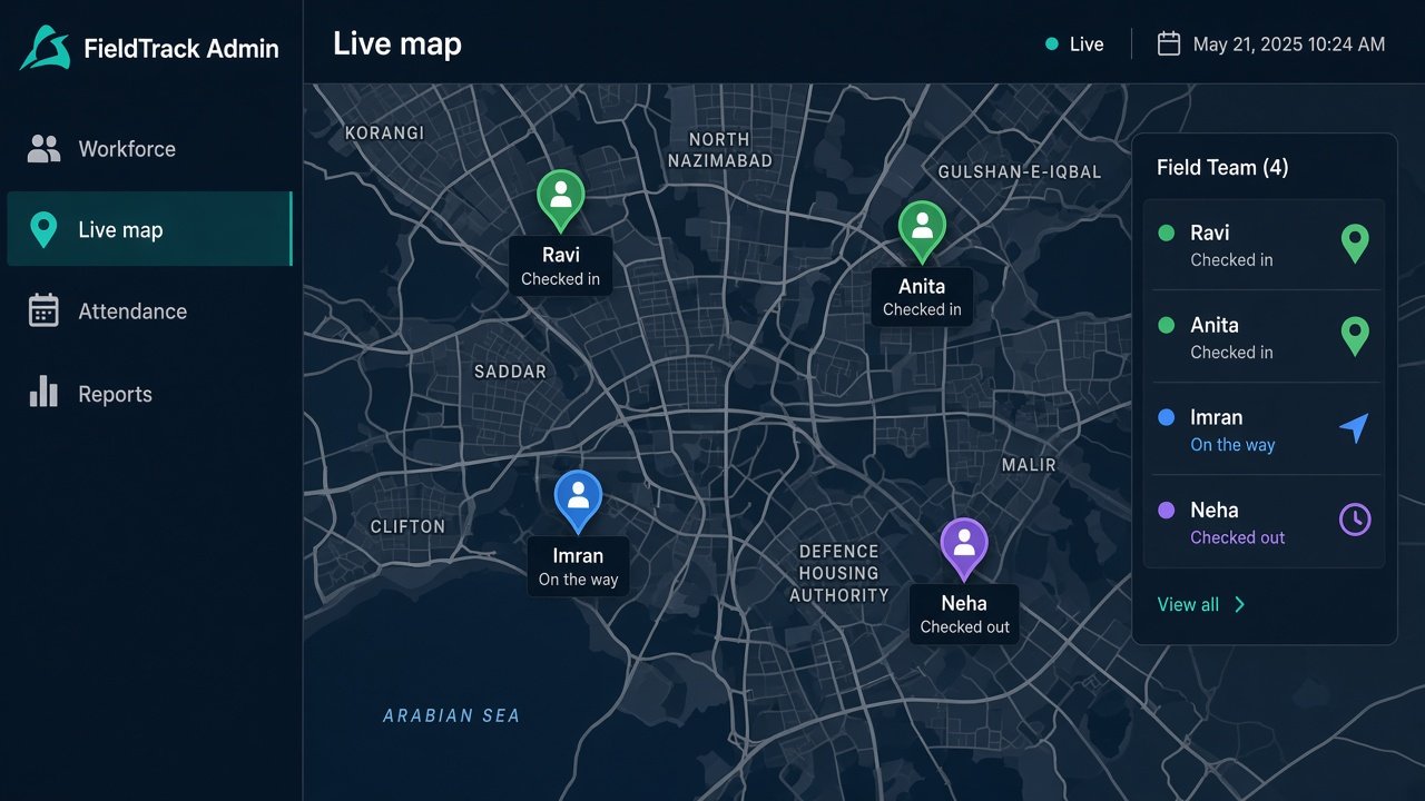 FieldTrack admin live map of the field workforce