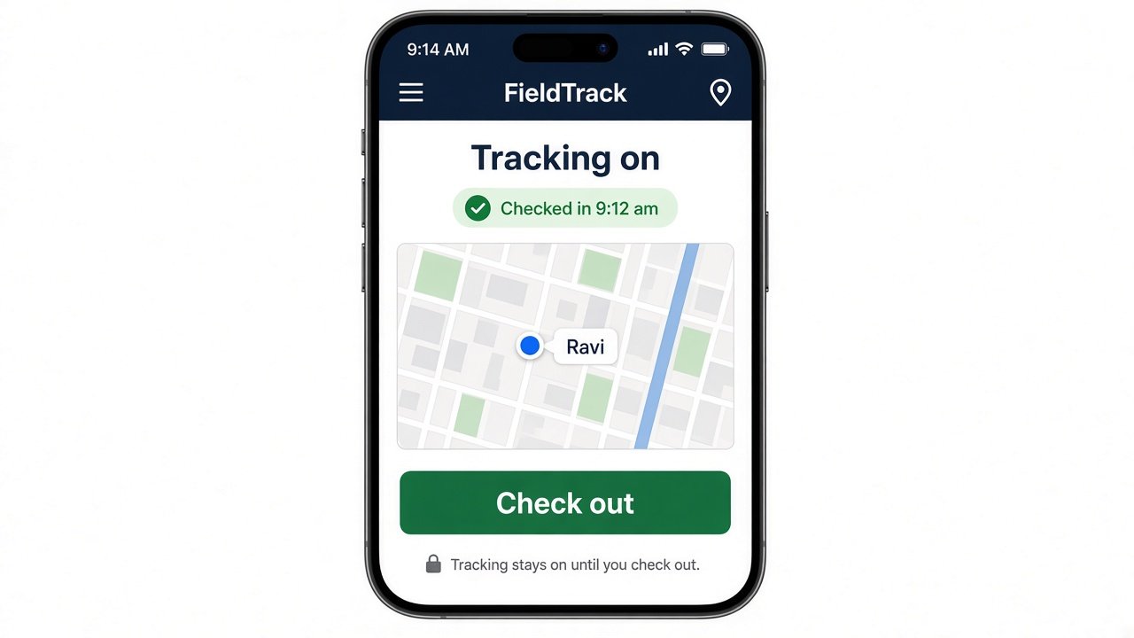 FieldTrack session with tracking on and a check-out button