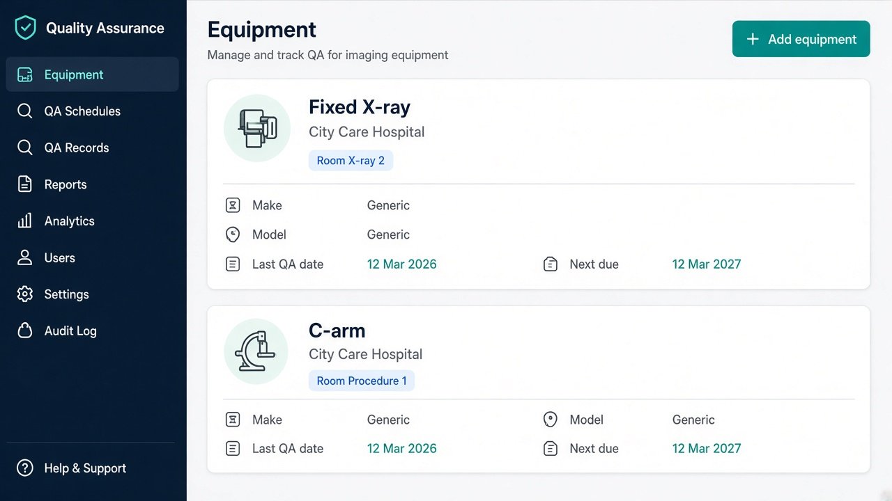 Equipment list with a fixed X-ray and its next QA date