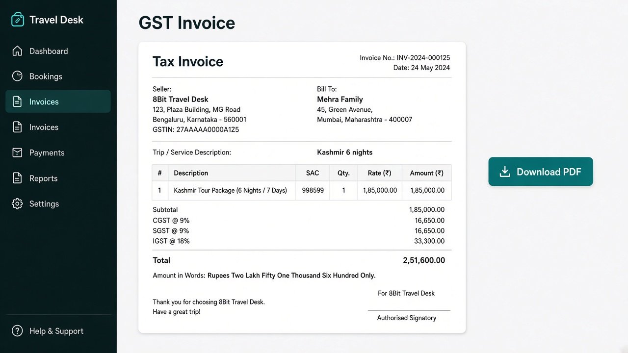 GST invoice PDF from TravelCRM